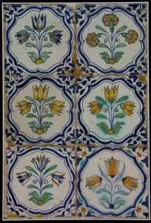 Ornament tile, tile field of six, three high and two wide; accolade tile, multicolored, with three-tier and other flowers within