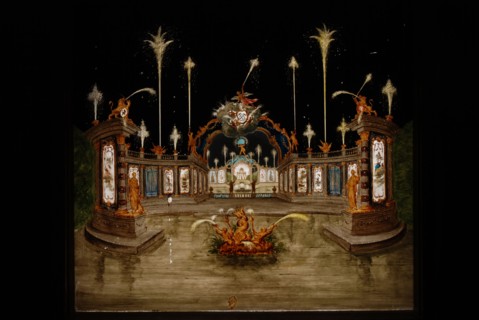 Perspective cupplate with two glass plates, garden pavilion with fountains at night, perspective cabinet glass plate glass paint