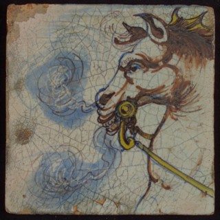 Tile, multicolored, roaring horse head, blue, yellow, brown, tile picture footage fragment ceramics pottery glaze tin glaze