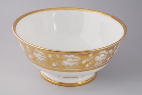 White bowl with golden band with acorn and leaf decoration, rinse bowl holder coffee service tea set dinnerware ceramics