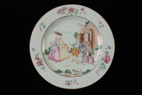 White plate with two women, child with umbrella and two men, plate crockery holder ceramic porcelain glaze, baked glazed painted
