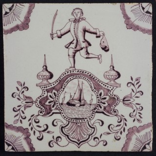 tile manufacturer: Aalmis, Cartouchetegel, acrobat with epee, with cartouche in which ship, wall tile tile sculpture ceramic