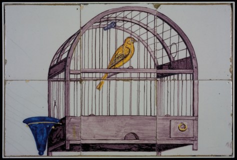 Rotterdam tile picture, six tiles, yellow, purple and blue on white, canary in cage with blue water bowl, tile picture material