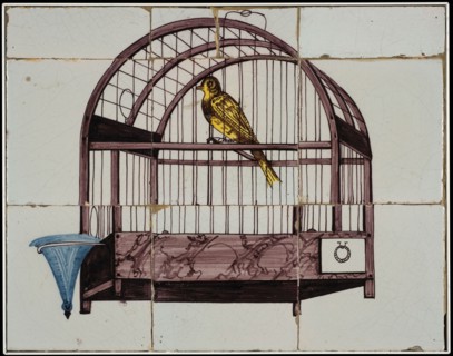 Rotterdam tile picture, nine tiles, yellow, purple and blue on white, canary in cage with blue water bowl, tile picture material