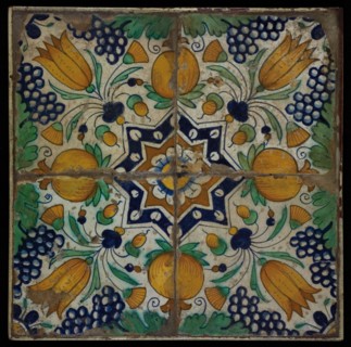 Tile field, four ornament tiles, diagonal decor, orange, green and blue on white, star tulip with quarter rosette, tile field