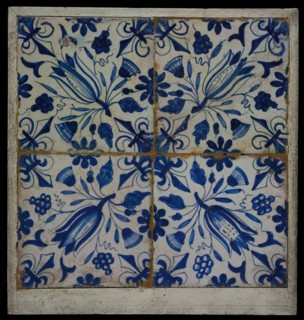 Tile field, four ornament tiles, diagonal decor, blue on white, with tulip and rosettes, corner motif lily, tile field wall tile