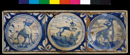 Tile field, three tiles, blue on white, animal in circle, with quarter rosette, saving technique, tile field wall tile tile