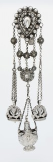 Silver chatelaine with two signets, watch key and vial, chatelaine clothing accessory clothing silver, Crochet chain knot