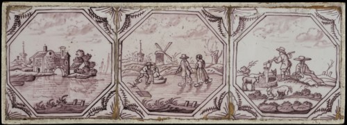 Tile field, three tiles, all with scene decoration in octagon, manganese on white, cityscape, ice face and shepherd scene