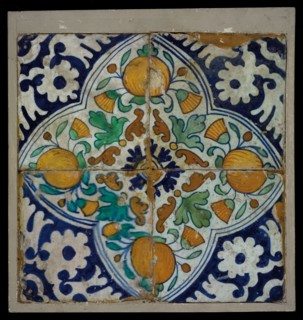 Tile field, four ornament tiles, diagonal decor, orange, blue and green on white, orange apples in quarter quad, tile field wall