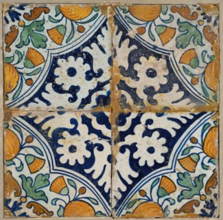 Tile field, four ornament tiles, diagonal decor, orange, blue and green on white, orange apples in quarter quad, tile field wall