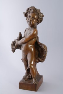 Simon Miedema, Cast bronze statue of child with wreath on head and flower basket in hand, autumn, from series the seasons
