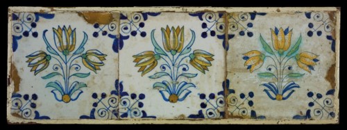 Rectangular tile field, three tiles, floral decor, orange, blue and green on white, three-tier, corner design, tile field wall