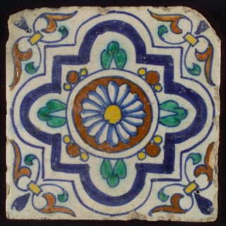 Ornament tile, central rosette with four-step variant frame, corner motif wing leaf, wall tile tile sculpture ceramic