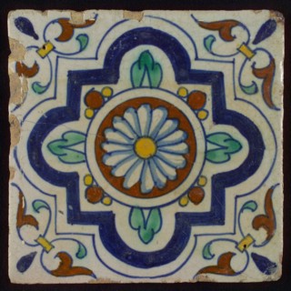 Ornament tile, central rosette with four-step variant frame, corner motif wing leaf, wall tile tile sculpture ceramic