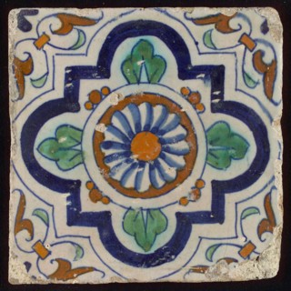 Ornament tile, central rosette with four-step variant frame, corner motif wing leaf, wall tile tile sculpture ceramic