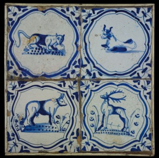 Square tile field, four tiles, animal decor, blue on white, cat-like, two cows and deer, in accolade, corner motif, tiled field