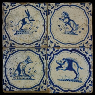 Tile field, four tiles, animal decor, blue on white, with hare, horse, dog and wild boar in braces, corner motif, wing, tiled