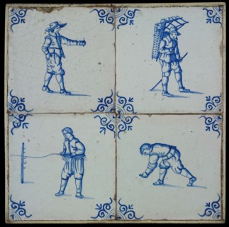 Tile field, four tiles, figure decor, blue on white, various games and one peddler, corner pattern ox head, tile field wall tile