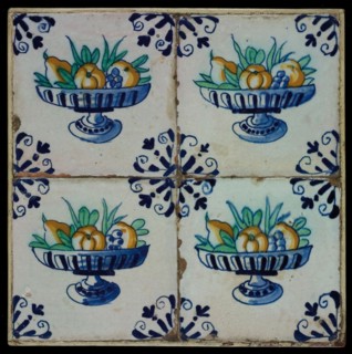 Tile field, four tiles, fruit decor, orange, yellow, green and blue on white, fruit bowl on foot, corner motif, tiled field wall