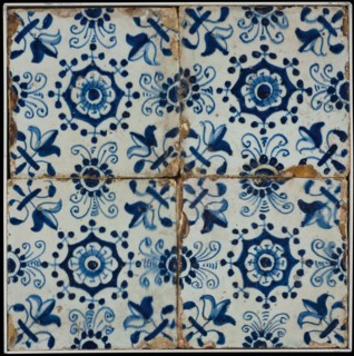 Tile field, tile, four ornament tiles, central decor without frame, blue on white, rosettes, corner pattern lily, tiled field