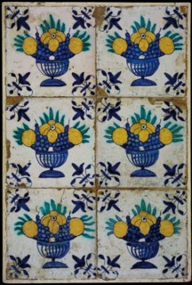 Tile field, six tiles, fruit decor, yellow, green and blue on white, with fruit bowl, corner motif lily, tile field wall tile