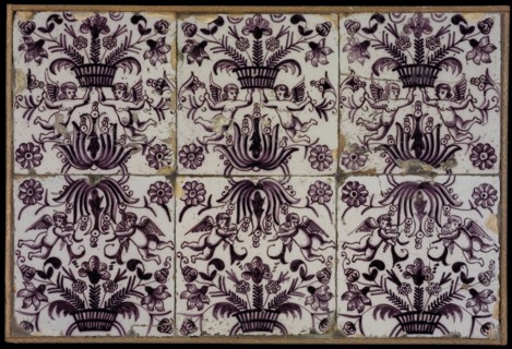 Tile field, six ornament tiles, floral decor, purple on white, flower basket worn or crowned by an angel, tiled field wall tile
