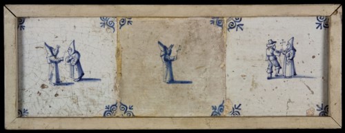 Tile field, three tiles, blue on white, two monks with cross in pipe, monk with cross in pipe, monk with cross in his legs