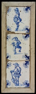 Tile field, three tiles, blue on white, warrior, dancing artist, man with shovel, corner motif, tile field wall tile tile