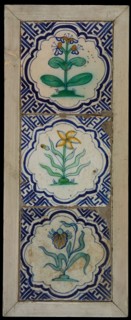 Tile field, three tiles, floral decor, orange, yellow, blue and green on white, corner motif meander, tiled field wall tile tile