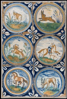 Tile field, six tiles, animal decor in circular band, corner motif quarter rosette, tile field wall tile tile image ceramics