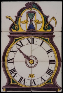 Ludolf Bakhuijzen of Arend Bakhuijzen of atelier Bakhuijzen, Tile panel, six tiles, purple, yellow, green, black and blue