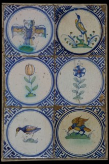 Tile field, six tiles, flower or bird in circle, orange, yellow, blue and green on white, corner motif meander, tiled field wall