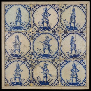 Tile field, nine tiles, blue on white, soldiers in brace frame, corner motif, tiled field wall tile tile sculpture ceramic