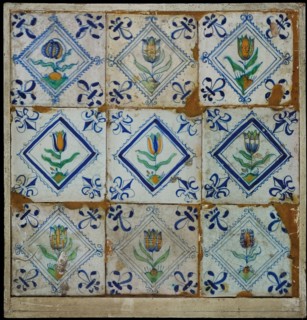 Tile field, nine tiles, orange, green and blue on white, eight tulips and flower in square, corner pattern lily, tiled field