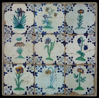 Tile field, nine tiles, orange, green and blue on white, flower on ground, corner design three-section, tiled field wall tile