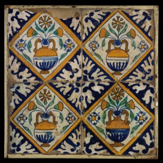 Tile field, four tiles, orange, green and blue on white, flowerpot in square, corner pattern palmet, tile field wall tile tile