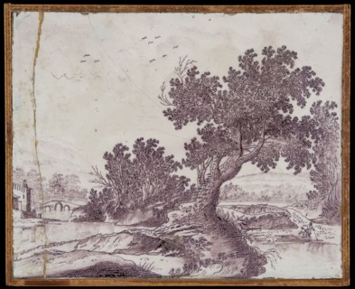 Rectangular plaque, purple on white, with landscape in which people on the right and bridge on the right, plaque tile footage