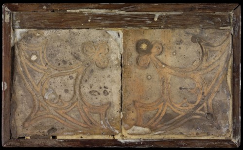 Tile field, two tiles, yellow reddish brown, carved decor, ornamental design, tiled field wall tile tile sculpture ceramics