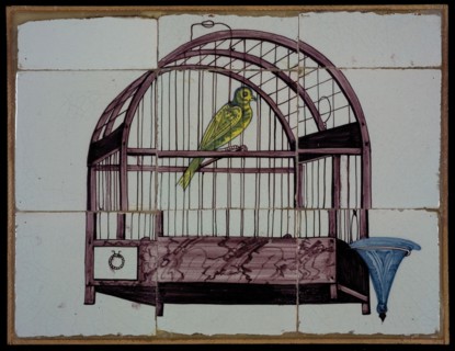 Van der Wolk, Tile panel, six whole and three half tiles, canary in birdcage, yellow, purple and blue on white, tile picture