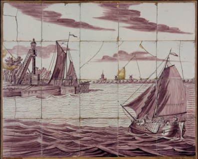 Verwijk, Purple tile picture, ships in the port of Vlaardingen, tile picture material ceramics pottery glaze wood, baked 2x