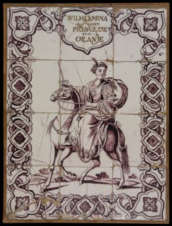 Tile panel, twelve tiles, purple on white, Wilhelmina de Pruysen, Princesse van Oranje on horseback, tile picture ceramic
