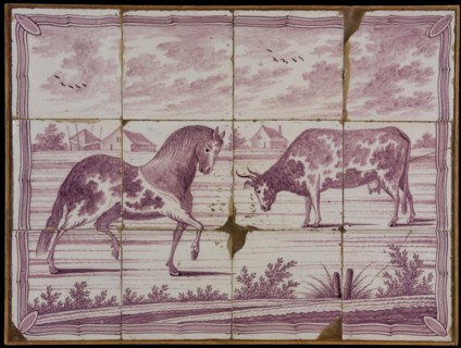 Tile panel, twelve tiles, purple on white, horse and cow in polder landscape, tile picture material ceramics pottery glaze