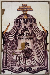 Purple tile tableau, gunner with turban by gun, bullets and powder keg in tent, tile picture material ceramics pottery glaze tin