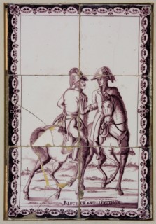 Purple tile picture, Blücher and Wellington shook hands, tile picture material ceramic earthenware glaze wood, baked 2x glazed