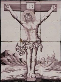 Purple tile picture of twelve separate tiles, crucifixion of Jesus Christ, tile picture ceramic earthenware glaze, baked 2x