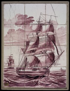 Purple tile picture, sailing three-master, tile picture material ceramics pottery glaze wood, with frame h 54.0 41.5 baked 2x