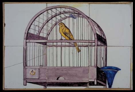 Van der Wolk, Tile panel, six tiles, yellow, purple and blue on white, canary in bird cage with blue water tray, tile picture