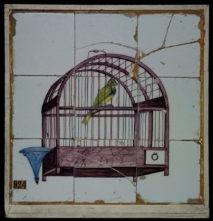 Van der Wolk, Tile panel, nine tiles, purple, yellow and blue on white, canary in bird cage, with blue water tray, tile picture