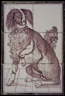 Tile panel, six tiles, sitting dog holding up the paw, purple on white, tile picture ceramic earthenware glaze, baked 2x glazed
